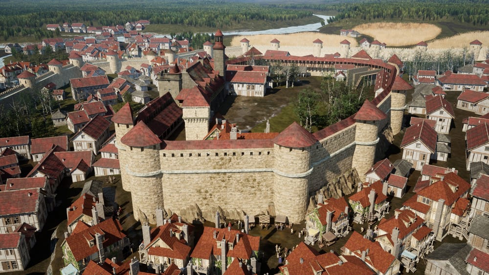 Reconstitution de la cité médiévale de Montluçon vue d’en haut : toits de tuiles, remparts et château.