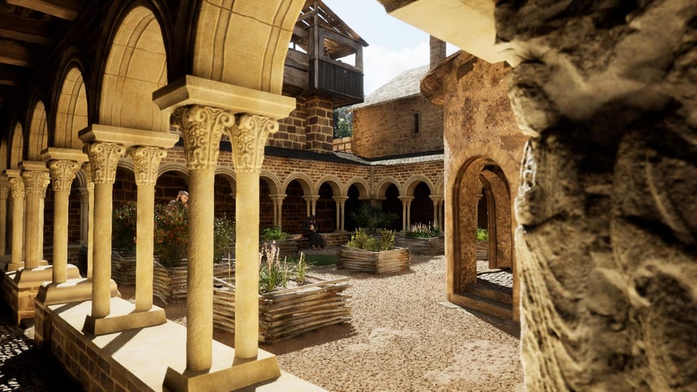 Le cloître du prieuré de Chamalières-sur-Loire reconstitué, galerie et jardin.