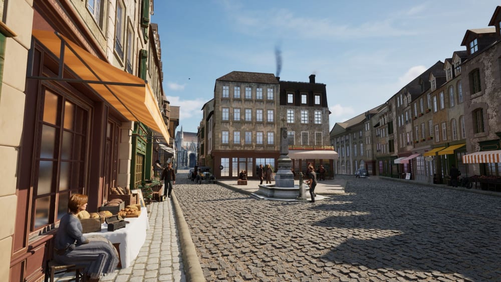 Reconstitution de la place Belle-Croix à Falaise avant-guerre : pavés, commerces sous auvent, étal de pain et fontaine centrale.