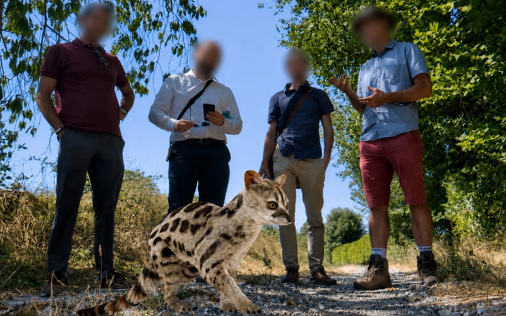 Une genette en réalité augmentée, posée sur un chemin de gravier au milieu de quatre visiteurs.