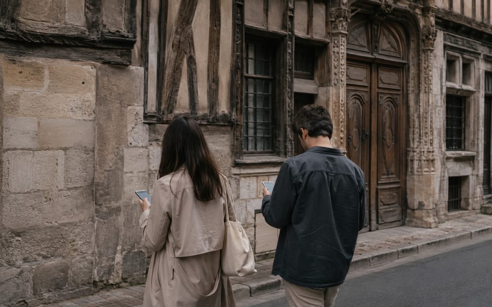 Deux passants, téléphone à la main, longent une maison à colombages et un portail sculpté sans lever les yeux.